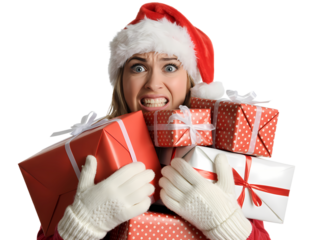 Stressed Woman in Santa Hat Holding Christmas Presents