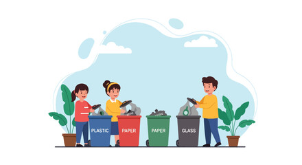 Adobe illustrator artwork vector illustration: Children learning to recycle plastic, paper, and glass, emphasizing environmental education, responsibility, and a greener future