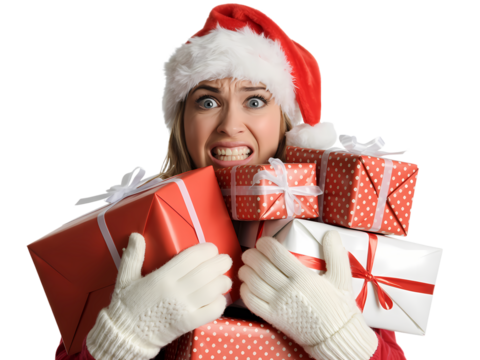 Stressed Woman in Santa Hat Holding Christmas Presents