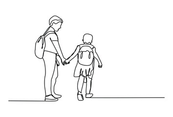 Children going to School with backpacks continuous line art, Schoolchildren boy and girl go to school holding hands.