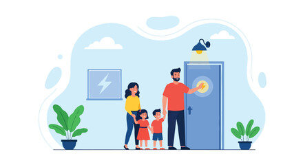 Adobe illustrator artwork vector illustration: Happy family installing an energy-efficient light bulb, promoting sustainability, home improvement, and responsible living