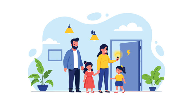 Adobe illustrator artwork vector illustration: Happy family installing an energy-efficient light bulb, promoting sustainability, home improvement, and responsible living