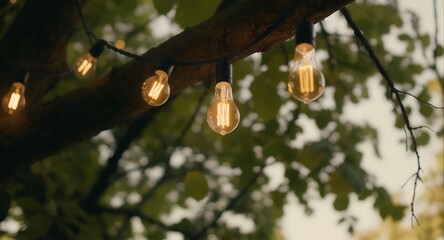 Warmly lit string lights hanging from a tree branch with lush green leaves in a serene outdoor setting.