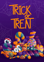 A Halloween flyer design template. A handful of candies, lollipops, marshmallows, caramel sticks. 