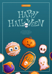 A Halloween flyer design template. Cookies in the form of a mummy, a cauldron, a ghost, a pumpkin, a skull. Vector illustration for the design of posters, banners, invitations.