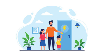 Adobe illustrator artwork vector illustration: Happy family installing an energy-efficient light bulb, promoting sustainability, home improvement, and responsible living