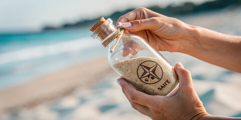 Message travel adventure captured in glass bottle filled with sand held by hands on blurred beach background evoking wanderlust and exploration