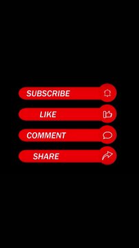 Broadcast package promotion animated social media buttons like subscribe comment share vertical video. YouTube end screen elements animated subscribe like comment share red black background.