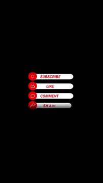 Social media promotion graphics animated subscribe like comment share buttons black background vertical video. YouTube end screen animated social media buttons subscribe like comment share.