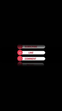subscribe like comment share broadcast package vertical video. Motion design social media buttons subscribe like comment share black background.