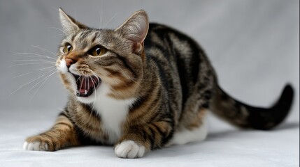 Aggressive Tabby Cat Showing Teeth in a Defensive Stance