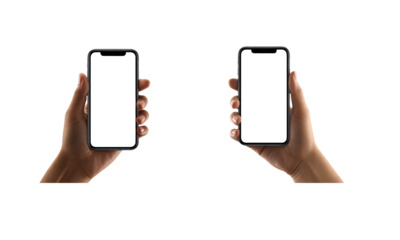 Hand holding modern smartphone with blank screen isolated on white background for mobile display mockup  
