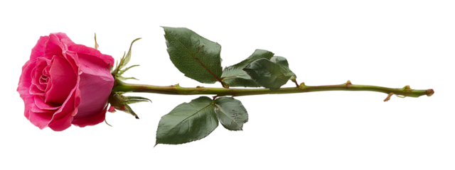 Single dark pink rose with green leaves and thorns on a black background