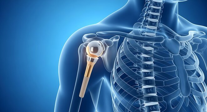 Anatomical illustration of shoulder joint replacement with rib cage viewable