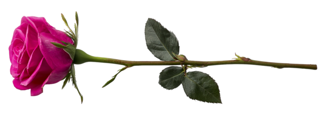 A single vibrant pink rose with water droplets on its petals against a stark black background