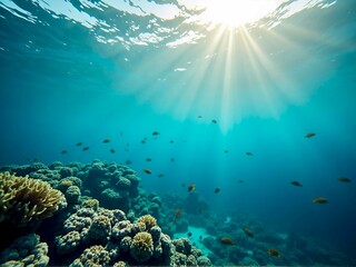 Obraz premium Plastic-Free Ocean Crystal-clear ocean waves with schools of fish swimming near coral reefs, no plastic waste visible