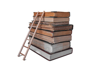 A stack of old vintage books with a wooden ladder leaning against them symbolizes the concept of climbing toward knowledge, education, and academic achievement, isolated on a white background.