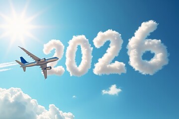 A plane flies high in a clear blue sky, trailing white smoke as it passes between clouds shaped like "2026." AI generated