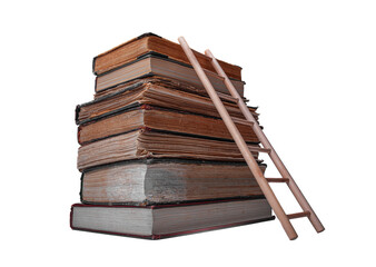 A stack of old vintage books with a wooden ladder leaning against them symbolizes the concept of climbing toward knowledge, education, and academic achievement, isolated on a white background.