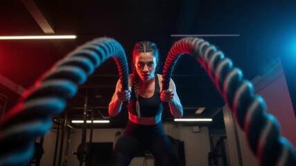 Determined woman doing an intense battle rope workout in a dark gym. Athletic female in a powerful strength training session. Fitness and motivation concept