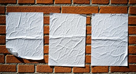 Crumpled white papers taped on a red brick wall with shadows, close-up view.