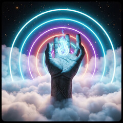 Mystical Hand with Blue Flame and Neon Glow