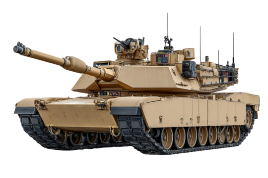 Modern tan main battle tank with tracks and turret isolated against black background