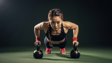 Strong Asian woman doing a kettlebell push-up workout. Muscular female athlete in a fitness gym during strength training. Power and determination concept