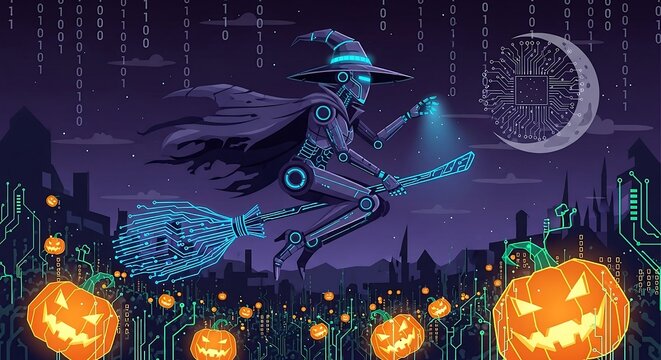 robot witch flying tech broom over halloween cityscape digital pumpkins ai moon blending magic and tech.