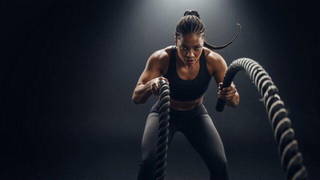 Strong African American athletic woman exercising with battle ropes. Intense fitness workout for power and strength. High-intensity training concept with copy space