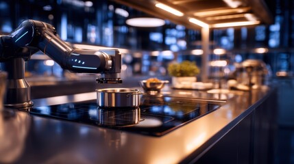 Advanced robotic arm cooking in a modern kitchen with sleek design and ambient lighting