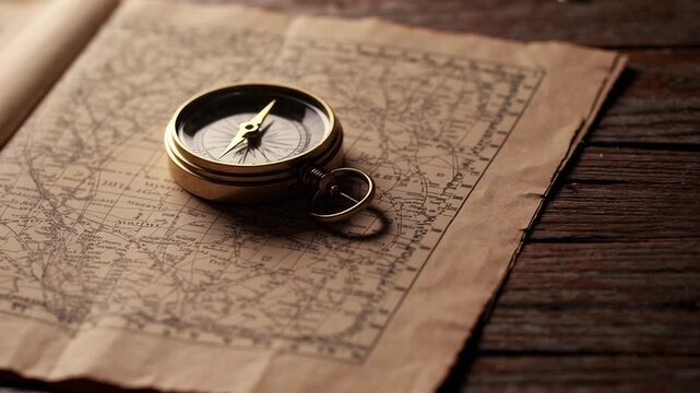 Golden vintage compass positioned on weathered antique map, highlighting navigational heritage and exploratory spirit of geographic discovery and personal journey