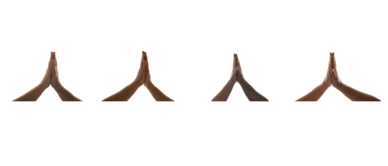 Close up of four hands in prayer gesture isolated on white background