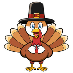 Funny cartoon style Thanksgiving Turkey wearing a pilgrim hat. Festive mascot character for holiday greeting card, poster, banner, sticker, or invitation design.