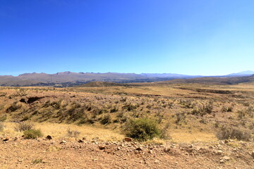 the landscape between Sucre and Potosi near the river Puente Mayu Tambo in Bolivia