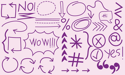 Hand drawn shapes of  oval, chalked arrows, check mark vector set. Doodle art. Charcoal symbol for diagrams, notes and school. crayon underline, check mark, scribble shapes with rough texture elements