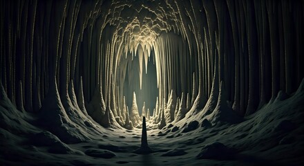 A person standing in a dark, mystical cave with glowing lines and a mysterious ambiance.