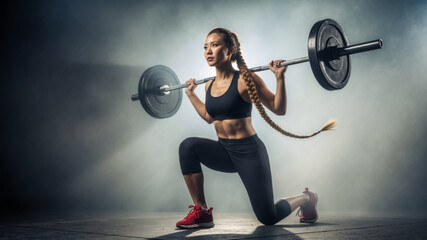 Athletic woman performing barbell lunges in a dark gym. Strong female athlete in a strength training workout. Fitness and bodybuilding concept