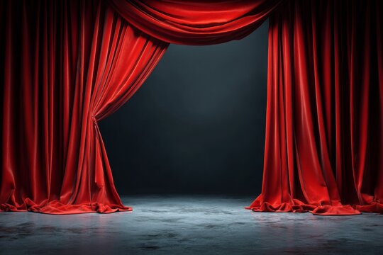 Empty stage behind luxurious red curtains in dim lighting ambiance