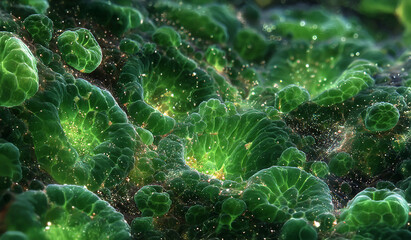 Freshwater microalgae blooming under microscope. Live green cell structure, unicellular algae with protoplast plankton cells. View surface of leaves showing plant cells.