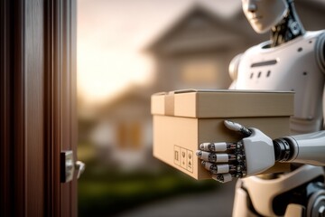 Robot delivery service - ai robot holding cardboard package at doorway
