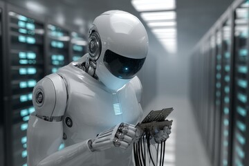 Futuristic robot analyzing circuit board in data center