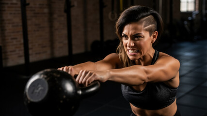 Strong athletic woman performing an intense kettlebell swing in a gym. Determined female athlete exercising with a powerful expression. Fitness and strength training concept