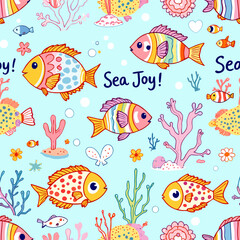 Fototapeta premium Colorful cartoon fish ocean pattern, Sea Joy! design t-shirt streetwear clothing, vector typography, perfect for modern apparel