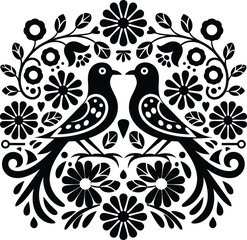 Folk Art Birds and Flowers Vector Silhouette Illustration