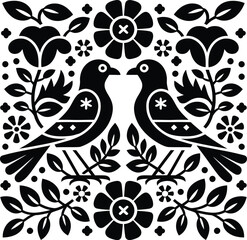 Folk Art Birds and Flowers Vector Silhouette Illustration