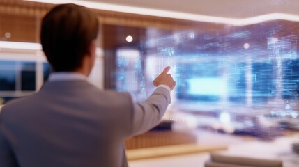 Business professional interacting with a futuristic holographic interface in a modern office setting