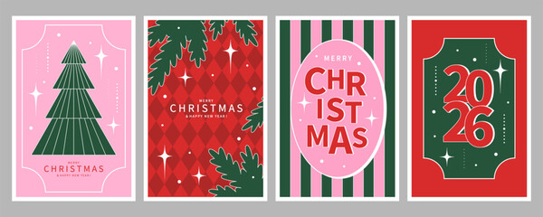 Set of Merry Christmas cards. Xmas holiday vintage design in geometric minimalist. Design banner for winter holidays. Vector illustrations