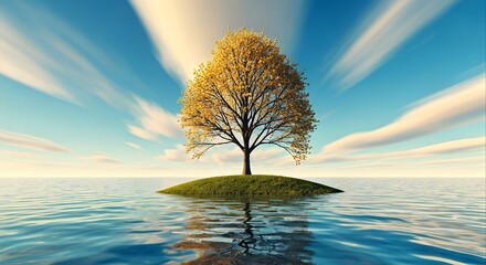 Serene landscape of a solitary tree on a small island surrounded by calm water under a blue sky with wispy clouds and warm sunlight.