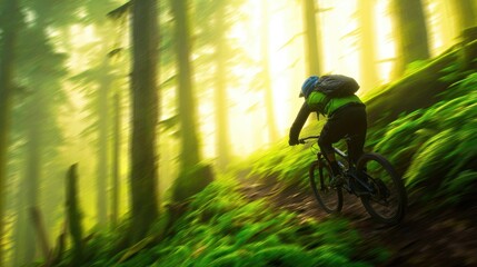 Naklejka premium Mountain biker navigating a lush green forest trail during golden hour, surrounded by vibrant foliage
